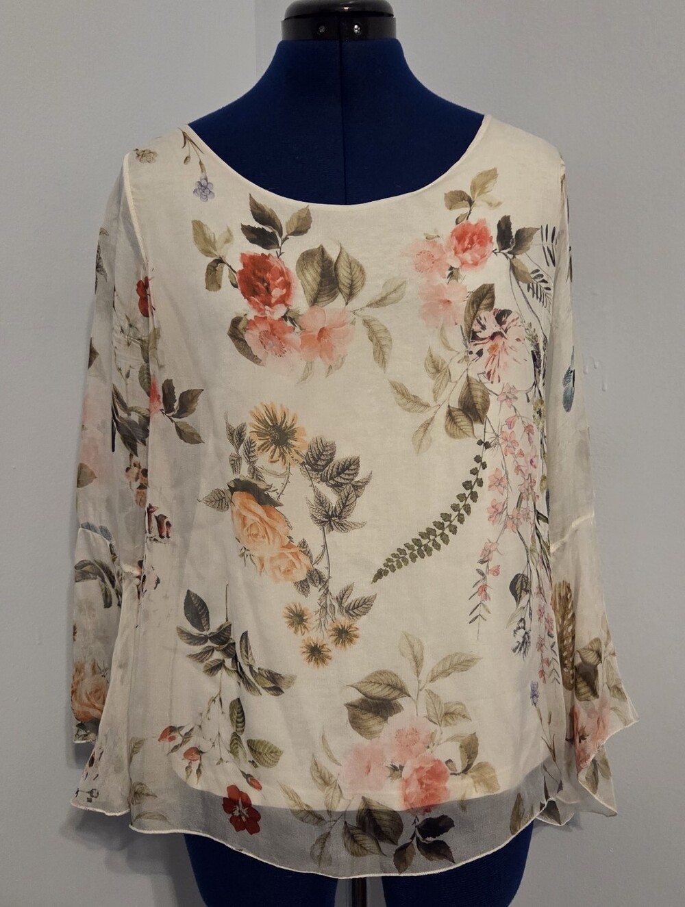 White Floral Italian Silk Blouse Size S